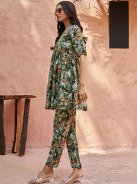 KALINI Floral Printed V-Neck Puff Sleeves Regular A-Line Kurti with Trousers