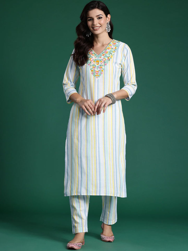 Indo Era Striped Thread Work Pure Cotton Kurta with Trousers