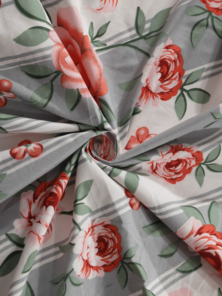 KLOTTHE Pink & Grey Floral Printed 300TC Fitted Single Bedsheet & Pillow Cover