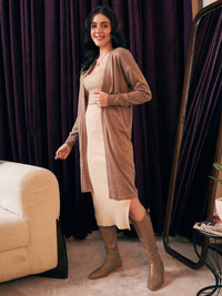 Berrylush Brown Collarless Acrylic Longline Front Open Cardigan Sweater