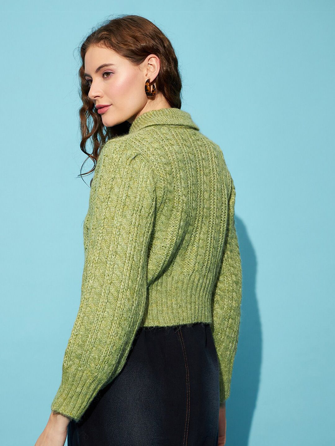 STREET 9 Green Cable Knit Spread Collar Acrylic Crop Pullover Sweater