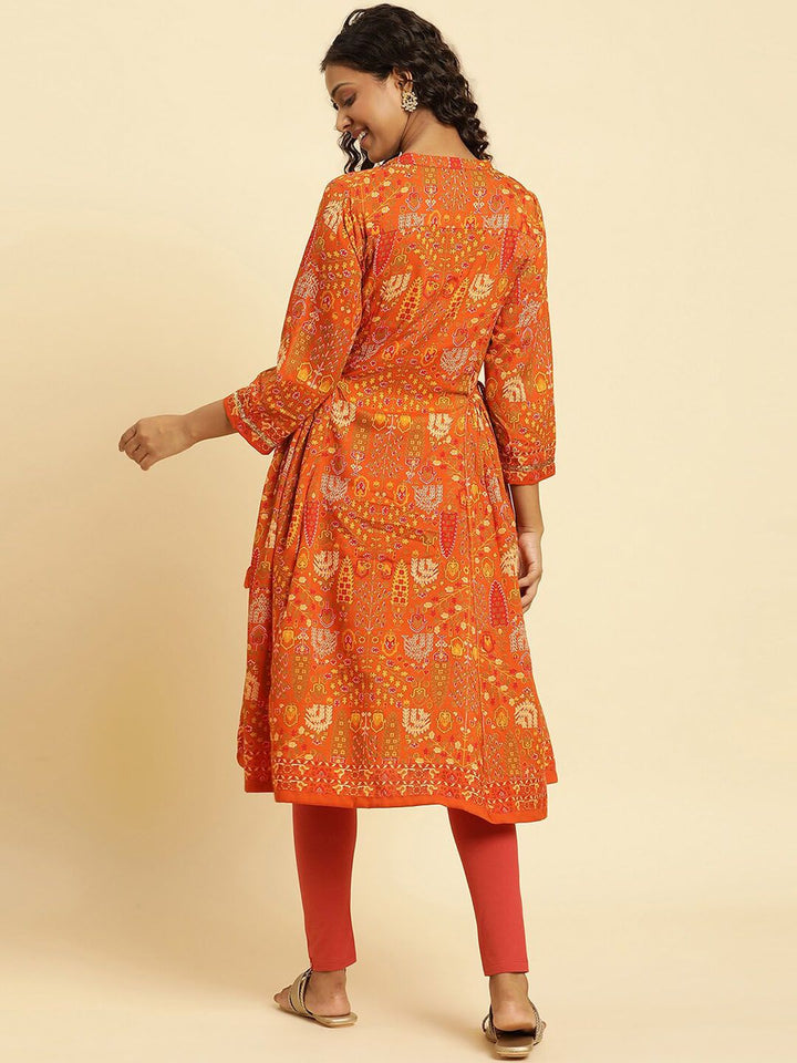 W Orange Ethnic Motifs Printed Mandarin Collar Sequinned Kurta