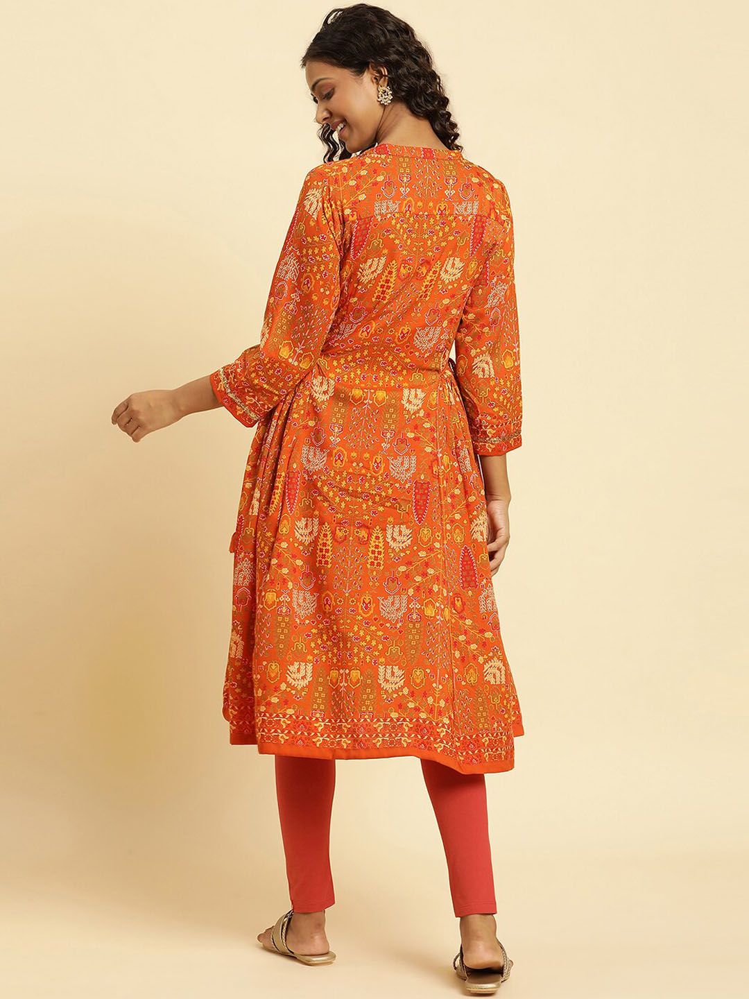 W Orange Ethnic Motifs Printed Mandarin Collar Sequinned Kurta