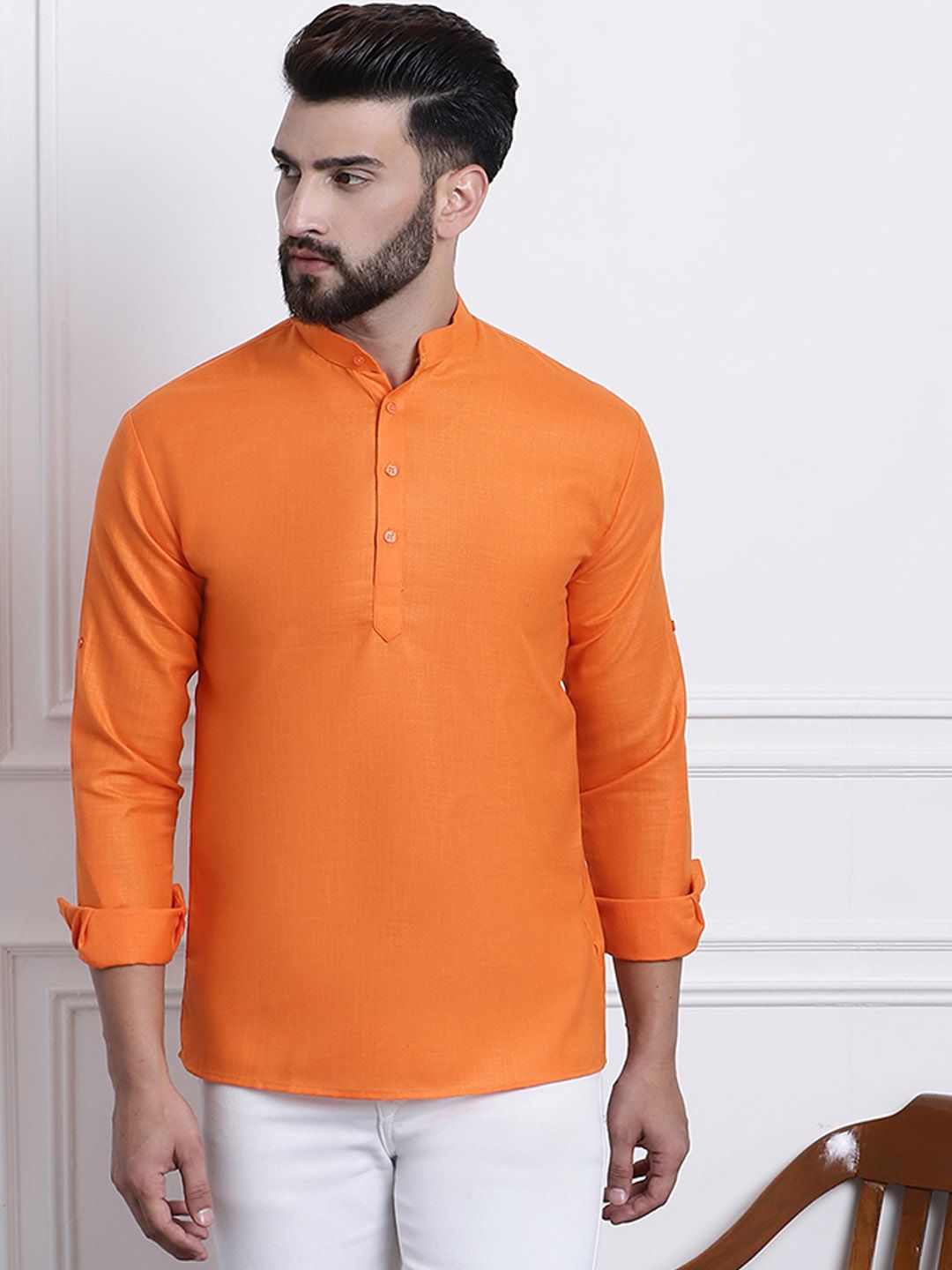 Anug by SOJANYA Men Orange Band Collar Kurta