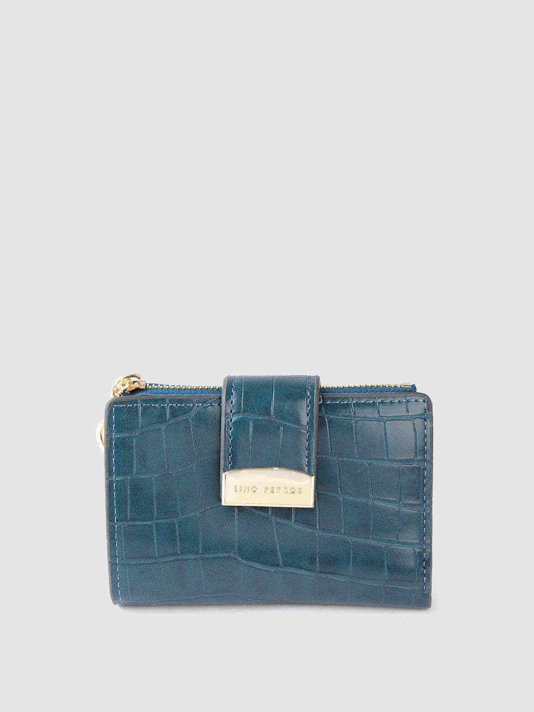 Lino Perros Women Teal Blue Croc Textured Two Fold Wallet