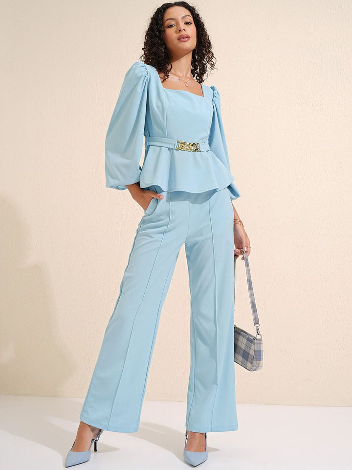 CHIC BY TOKYO TALKIES Blue Square Neck Puff Sleeves Peplum Top With Trousers