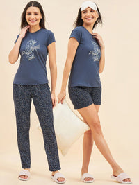 Sweet Dreams Blue Printed Pure Cotton 3 Piece Night Suit Set