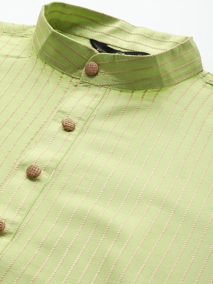 SOJANYA Men Green & Beige Thread Work Straight Kurta Churidar & Nehru Jacket