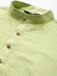 SOJANYA Men Green & Beige Thread Work Straight Kurta Churidar & Nehru Jacket