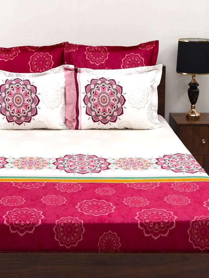 BOMBAY DYEING Celebrating India Pink Printed Cotton 300 TC King Bedsheet & 4 Pillow Cover