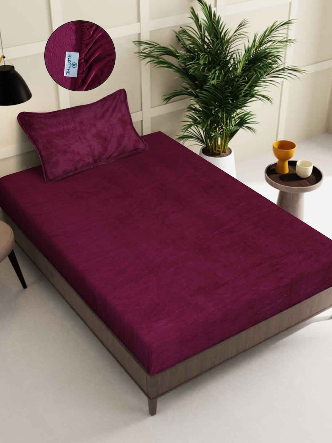 KLOTTHE Maroon Woollen 300 TC Fitted Single Bedsheet With Pillow Cover