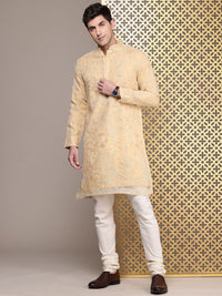 House of Pataudi Floral Embroidered Mandarin Collar Sequinned Jashn Kurta