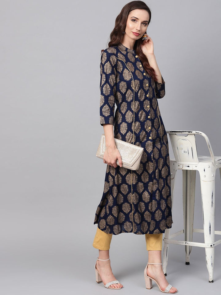 SOJANYA Women Navy Blue & Golden Foil Print Kurta Lurus
