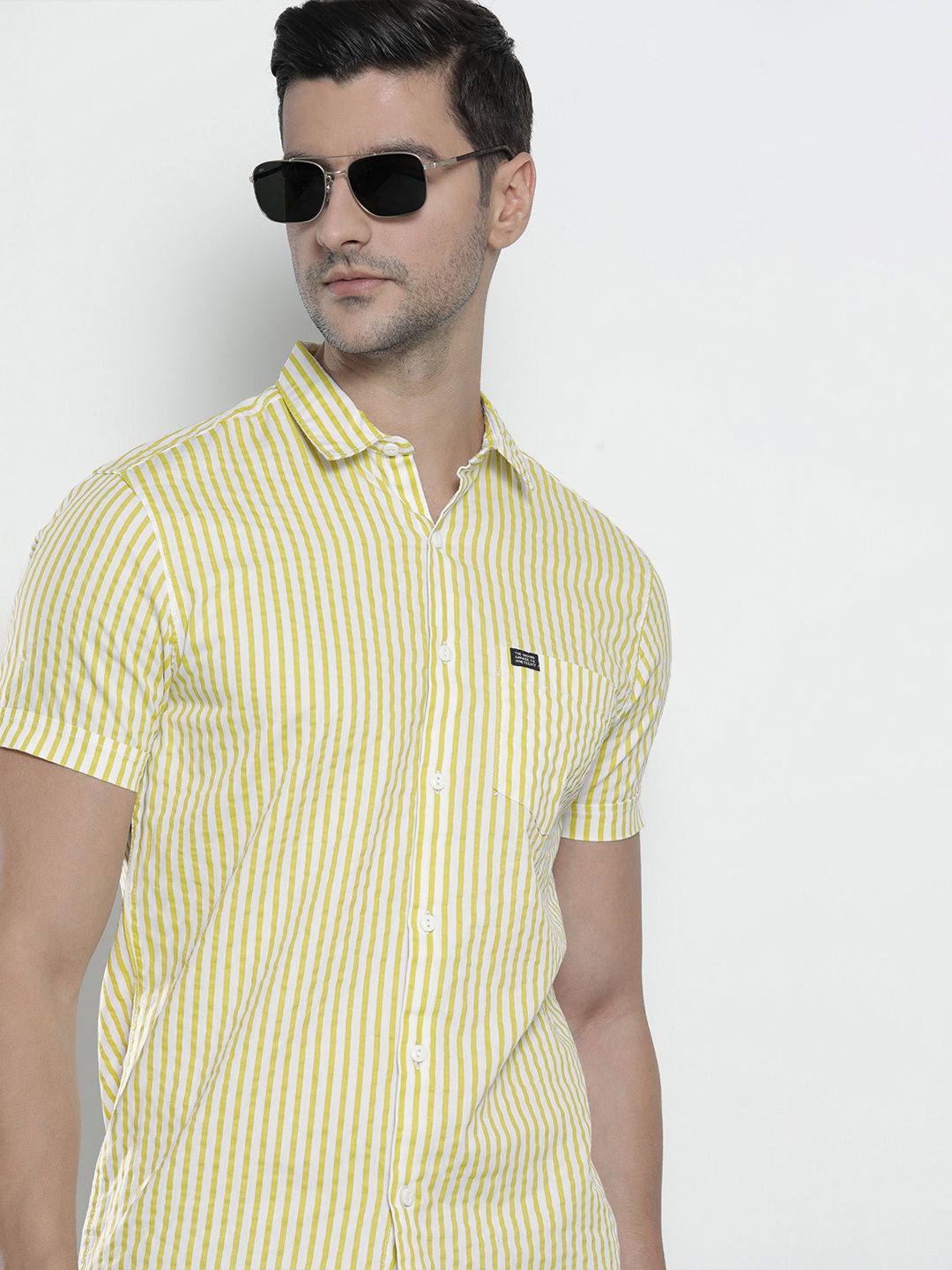 The Indian Garage Co Men Green Comfort Striped Cotton Casual Shirt