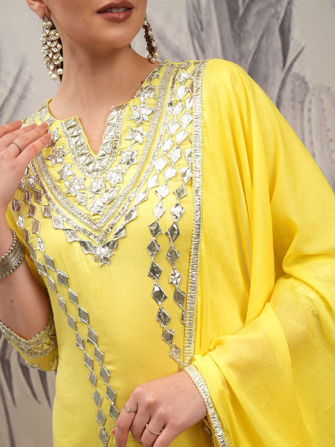 Vishudh Yellow Embroidered Pure Cotton Gotta Patti A-Line Kurta With Trousers & Dupatta