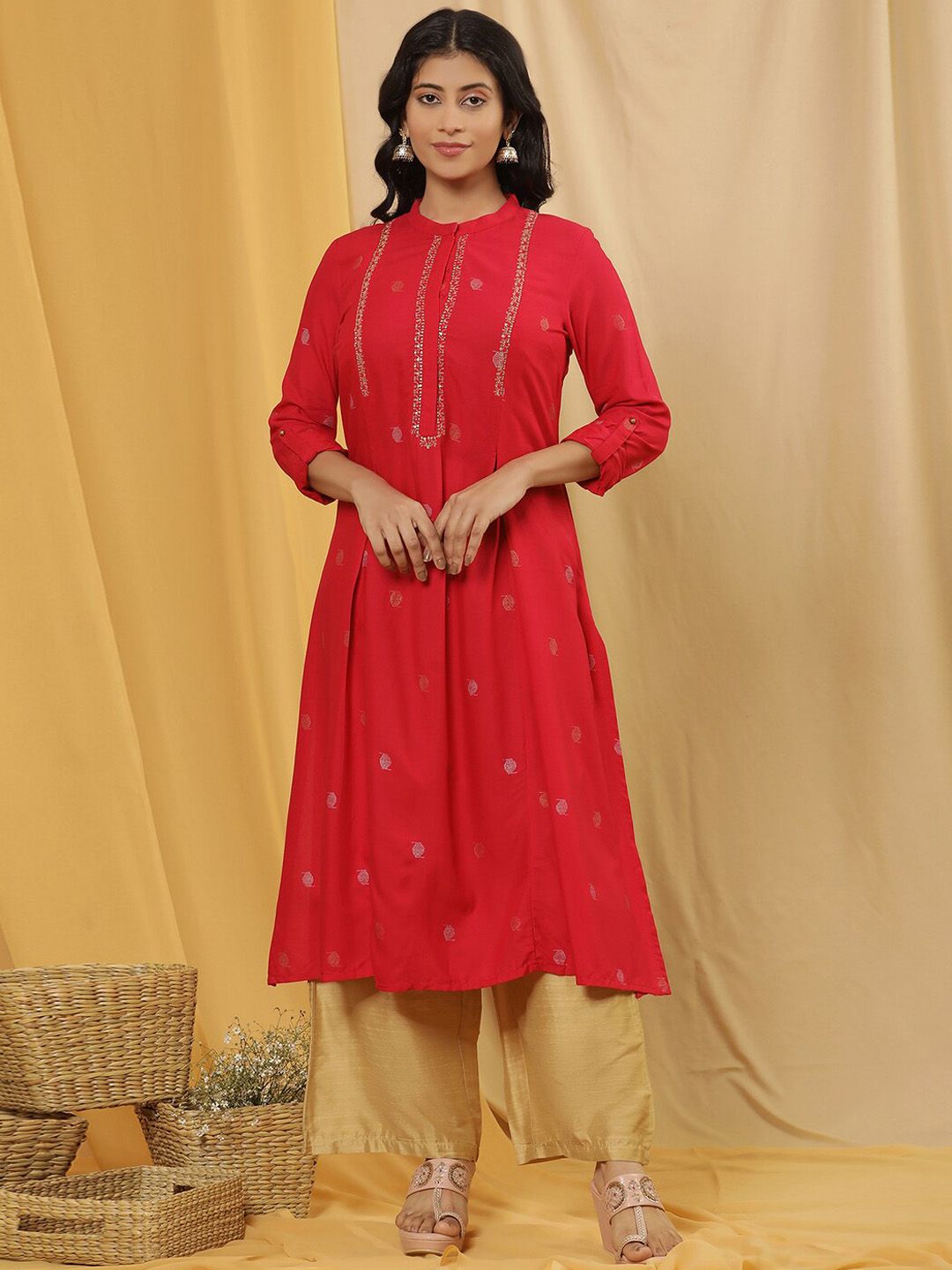 W Printed Mandarin Collar Regular Kurta with Trousers