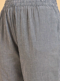 W Blue & White Striped Thread Work A-Line Pure Cotton Kurta with Trousers