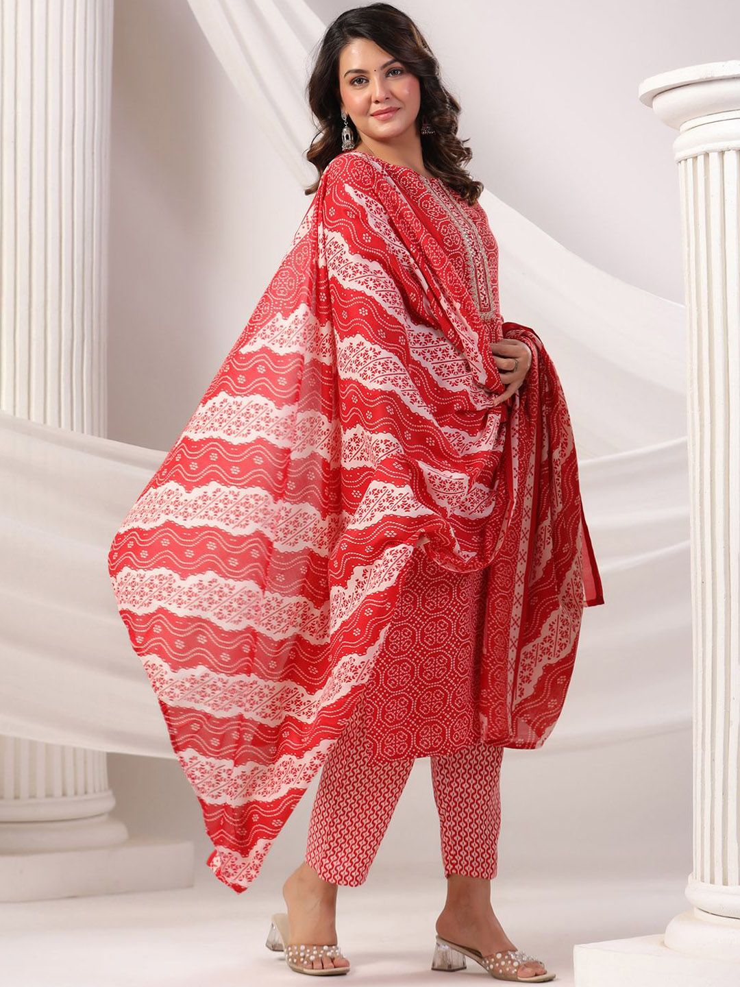 Indo Era Bandhani Printed Notch Neck Pure Cotton Kurta With Trousers & Dupatta