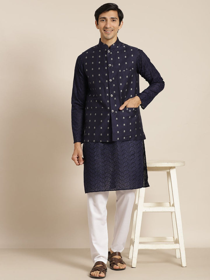 SOJANYA Men Navy Blue Chikankari Pure Cotton Kurta with Churidar & Nehru Jacket