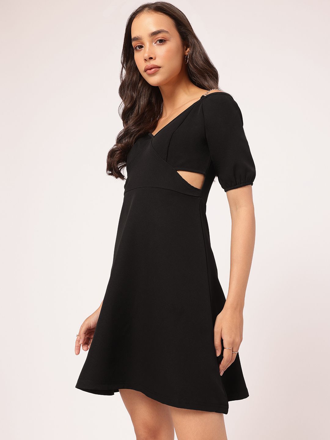 DressBerry Stylish & Savvy Chain Strap Detail Puff Sleeve Cut-Out A-Line Mini Dress