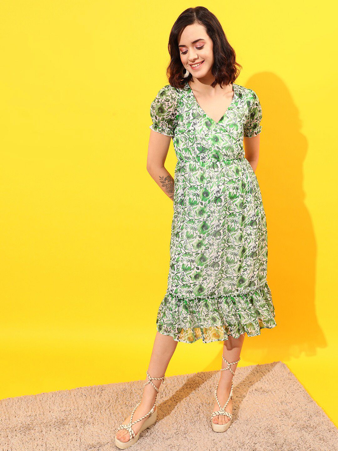 STREET 9 Puff Sleeves Floral Chiffon A-Line Midi Dress