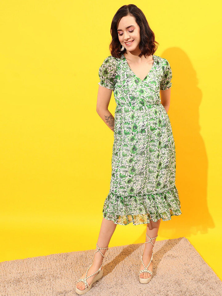 STREET 9 Puff Sleeves Floral Chiffon A-Line Midi Dress
