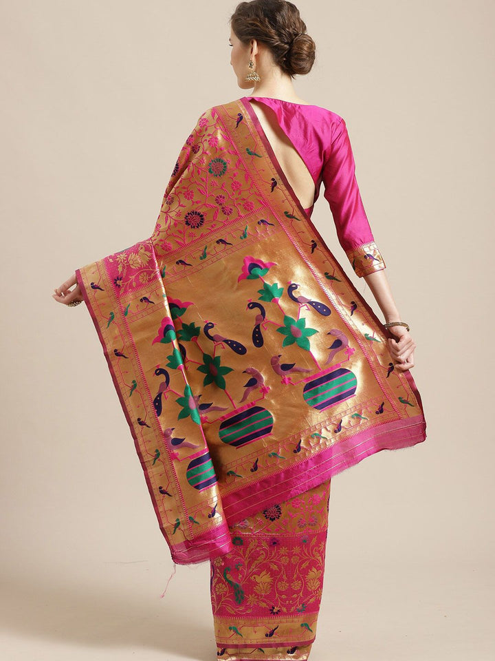 Saree mall Pink & Navy Blue Floral Zari Silk Blend Sarees