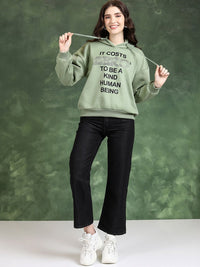 Tokyo Talkies Green Typography Printed Hooded Sweatshirt