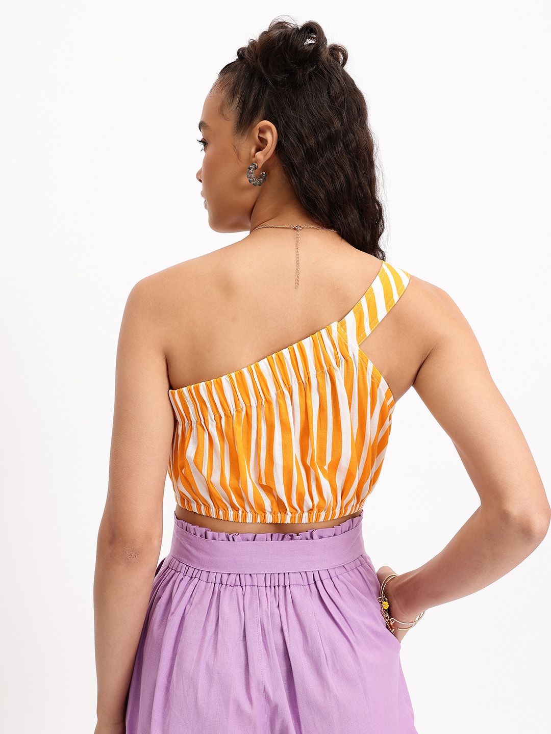 DressBerry Striped One-Shoulder Cinched waist Crop Top