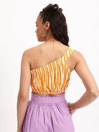 DressBerry Striped One-Shoulder Cinched waist Crop Top