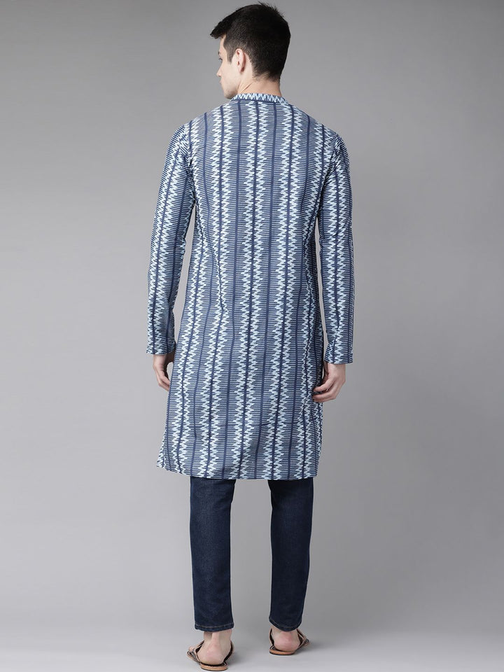 See Designs Men Blue Geometric Print Block Print Handloom Pure Cotton Straight Kurta