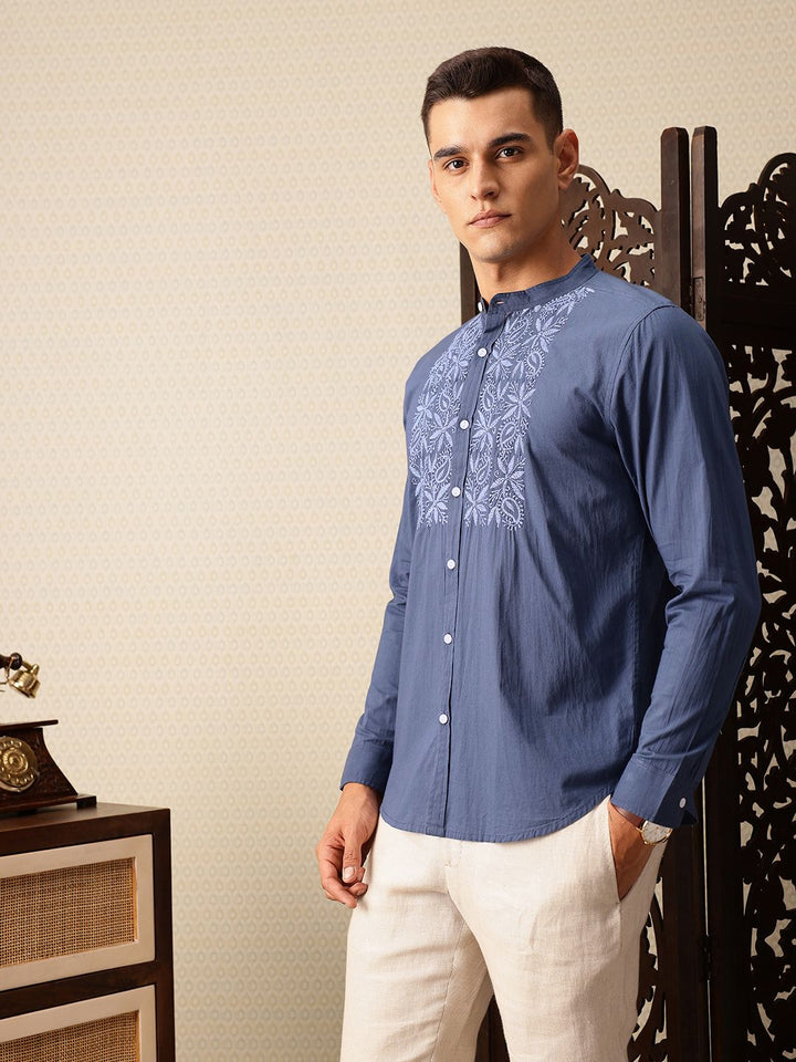 House of Pataudi Floral Embroidered Pure Cotton Jashn Casual Shirt