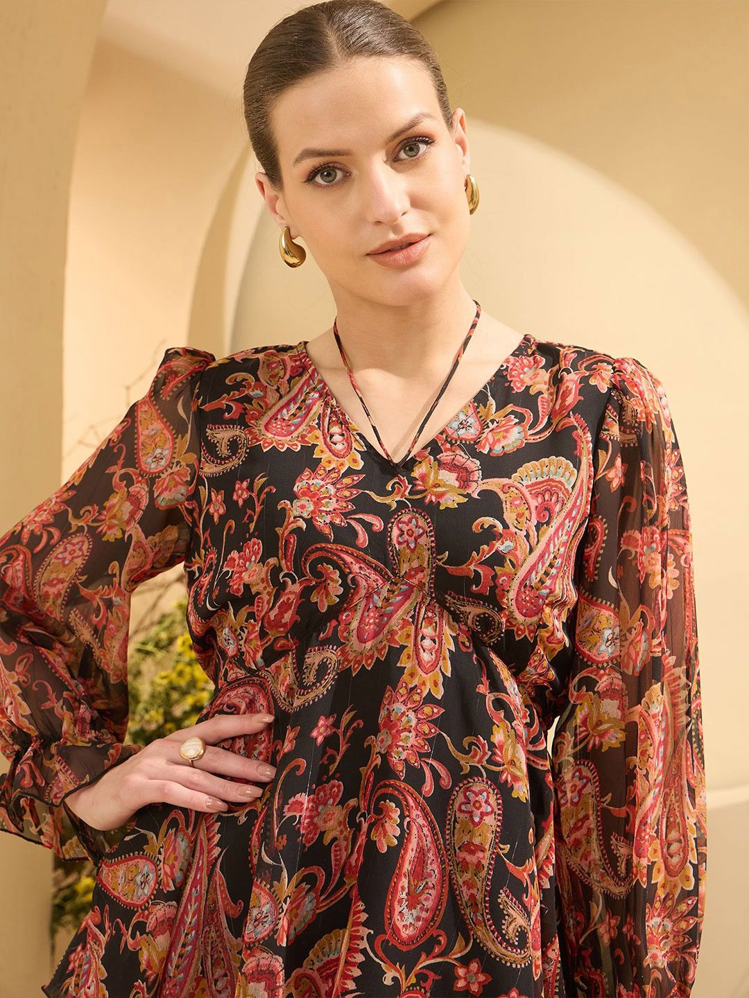 Antheaa Women Ethnic Motifs Printed Bell Sleeves Empire Top