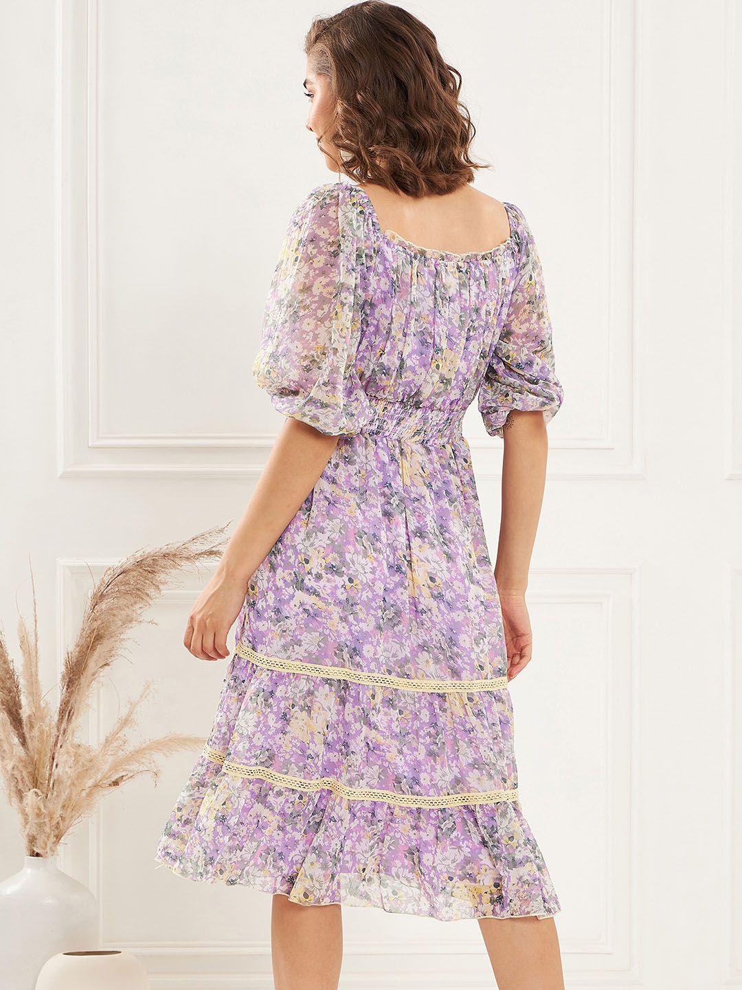 Antheaa Square Neck Floral Printed Tiered Chiffon Fit & Flare Midi Dress