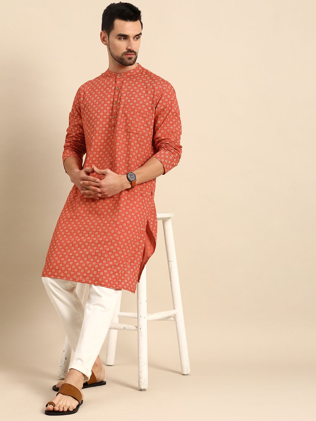 Anouk Men Rust Orange & Off White Geometric Printed Pure Cotton Kurta