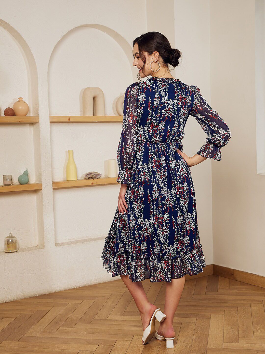 Berrylush Navy Blue Floral Printed Ruffled Chiffon A-Line Dress