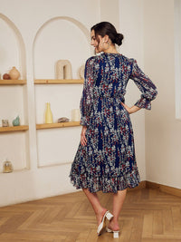 Berrylush Navy Blue Floral Printed Ruffled Chiffon A-Line Dress