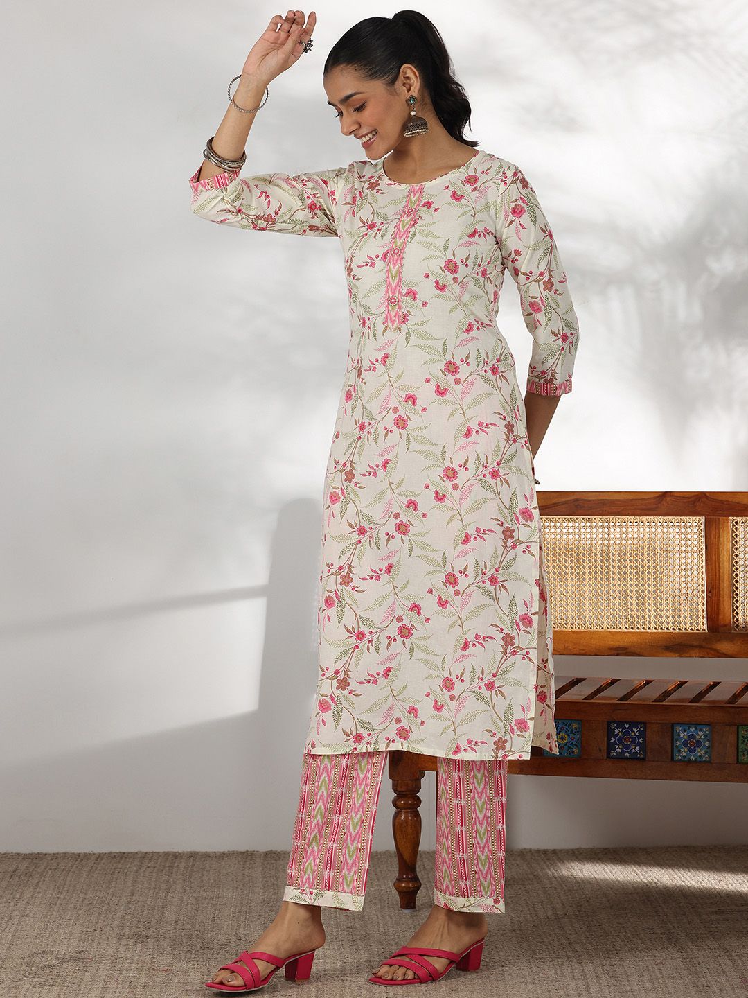 Libas Floral Printed Gotta Patti Pure Cotton Straight Kurta with Trousers & Dupatta