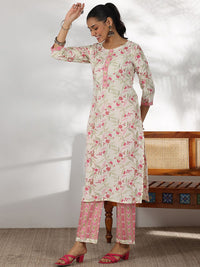 Libas Floral Printed Gotta Patti Pure Cotton Straight Kurta with Trousers & Dupatta