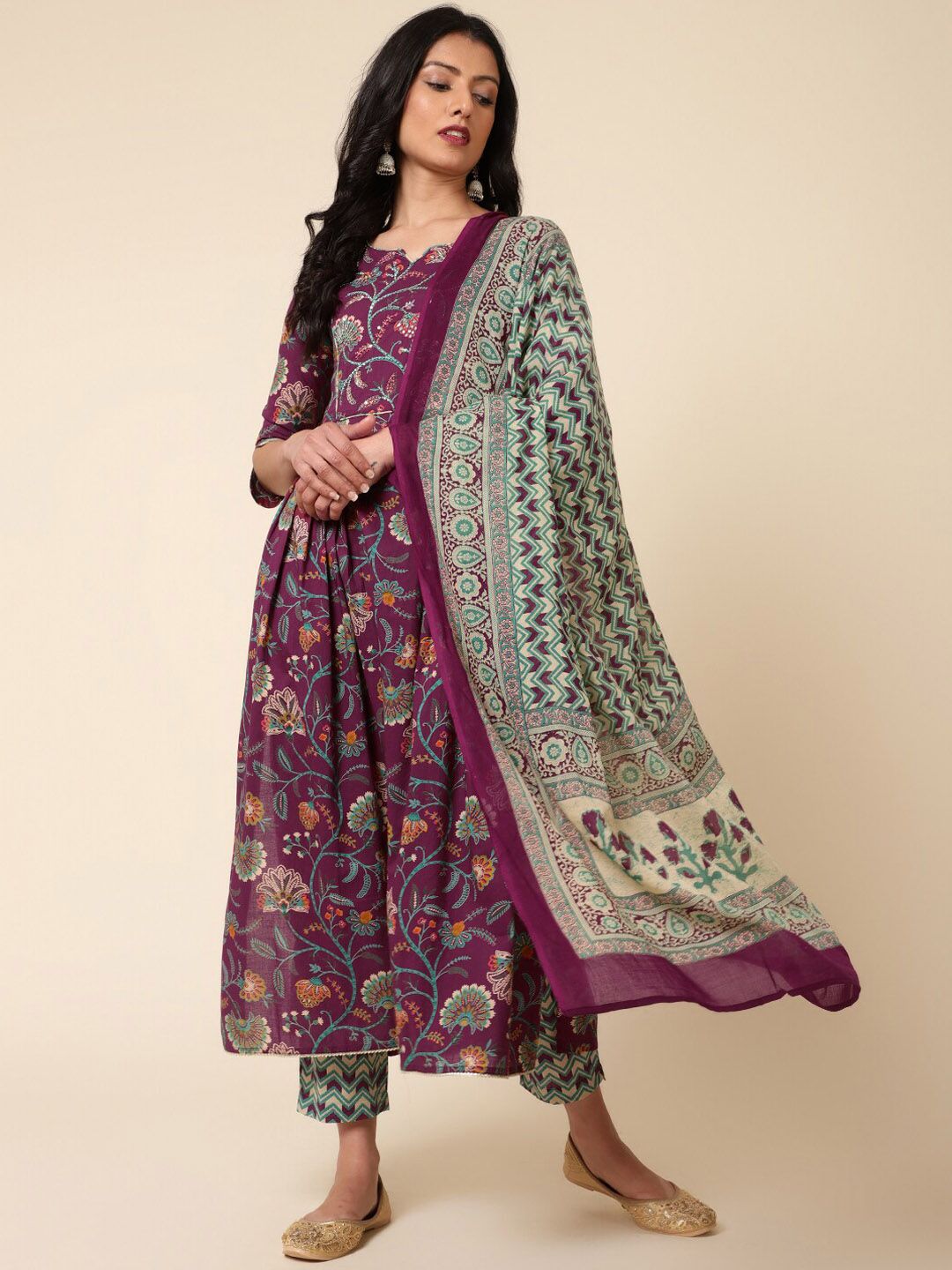 Bani Women Floral Printed A-Line Pure Cotton Kurta with Trousers & Dupatta