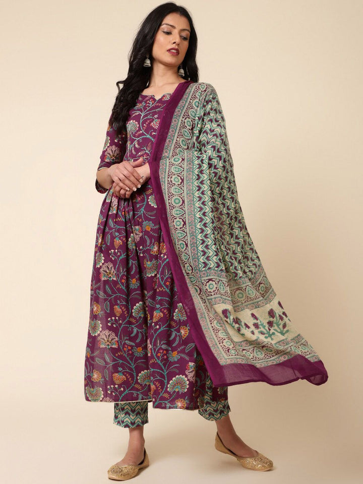 Bani Women Floral Printed A-Line Pure Cotton Kurta with Trousers & Dupatta