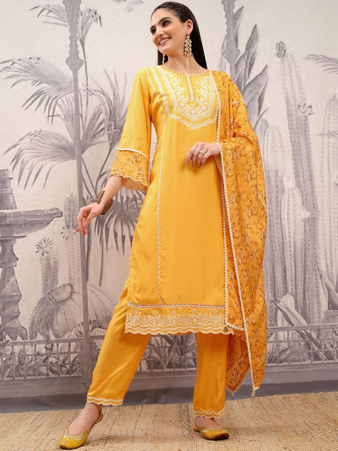 Vishudh Mustard Embroidered Regular Thread Work Kurta with Trousers & Dupatta