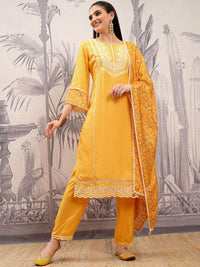 Vishudh Mustard Embroidered Regular Thread Work Kurta with Trousers & Dupatta