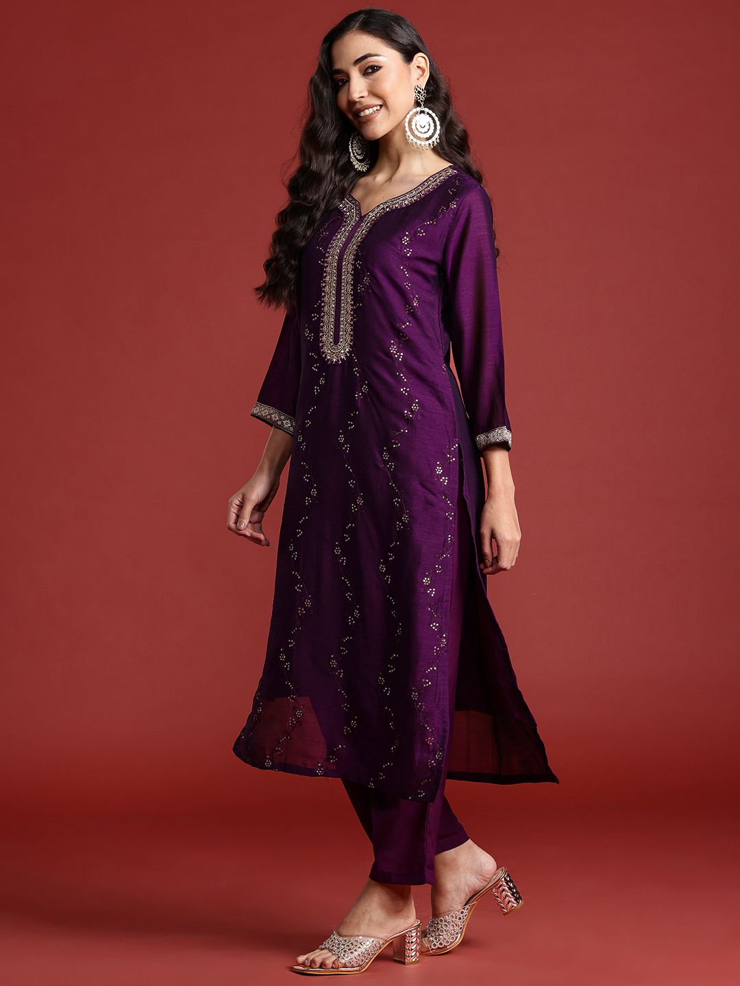 Indo Era Floral Embroidered Sequinned Kurta With Trousers & Dupatta