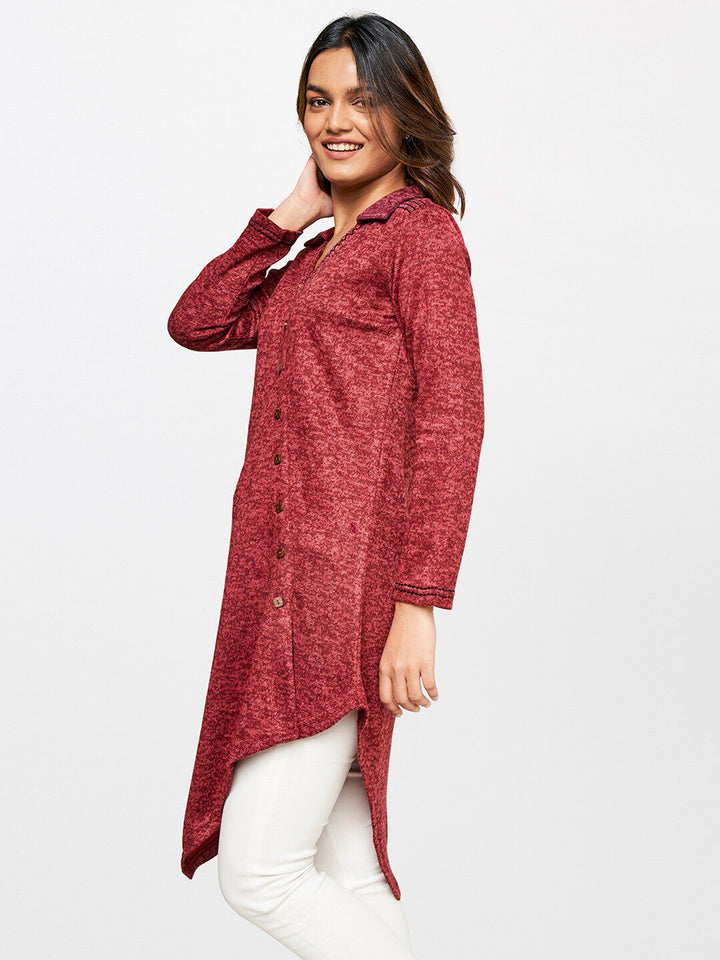 Global Desi Women Maroon Solid Shirt Collar Long Sleeves Tunic