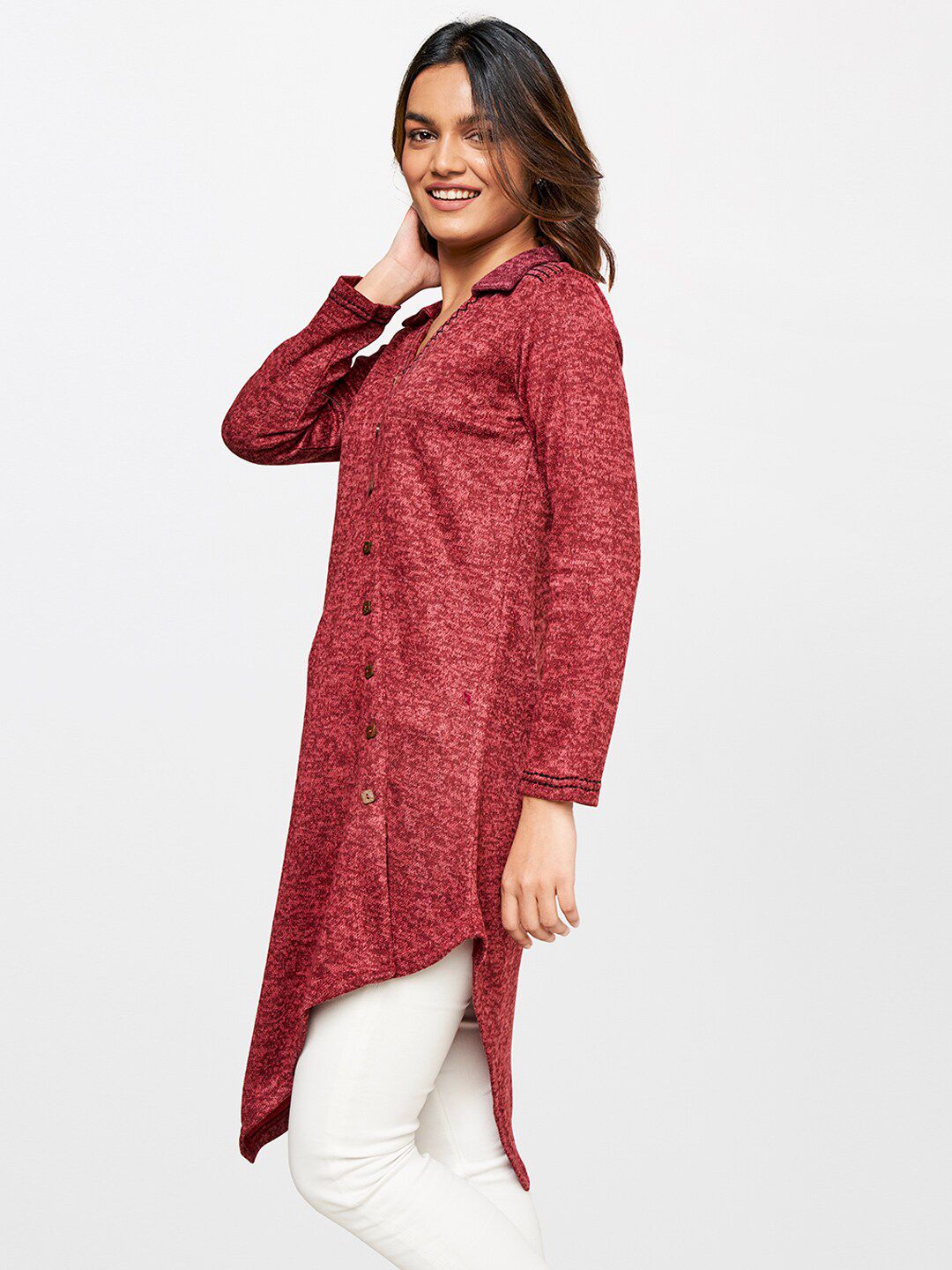Global Desi Women Maroon Solid Shirt Collar Long Sleeves Tunic