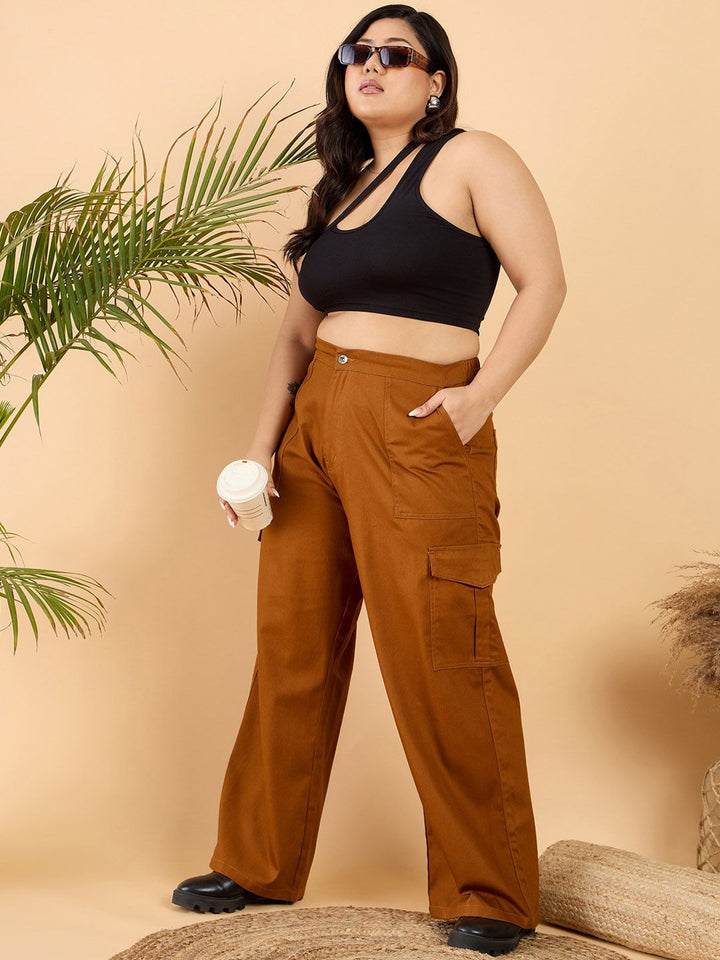 CURVY STREET Women Plus Size Loose Fit Pure Cotton Wide Leg Cargo Trouser