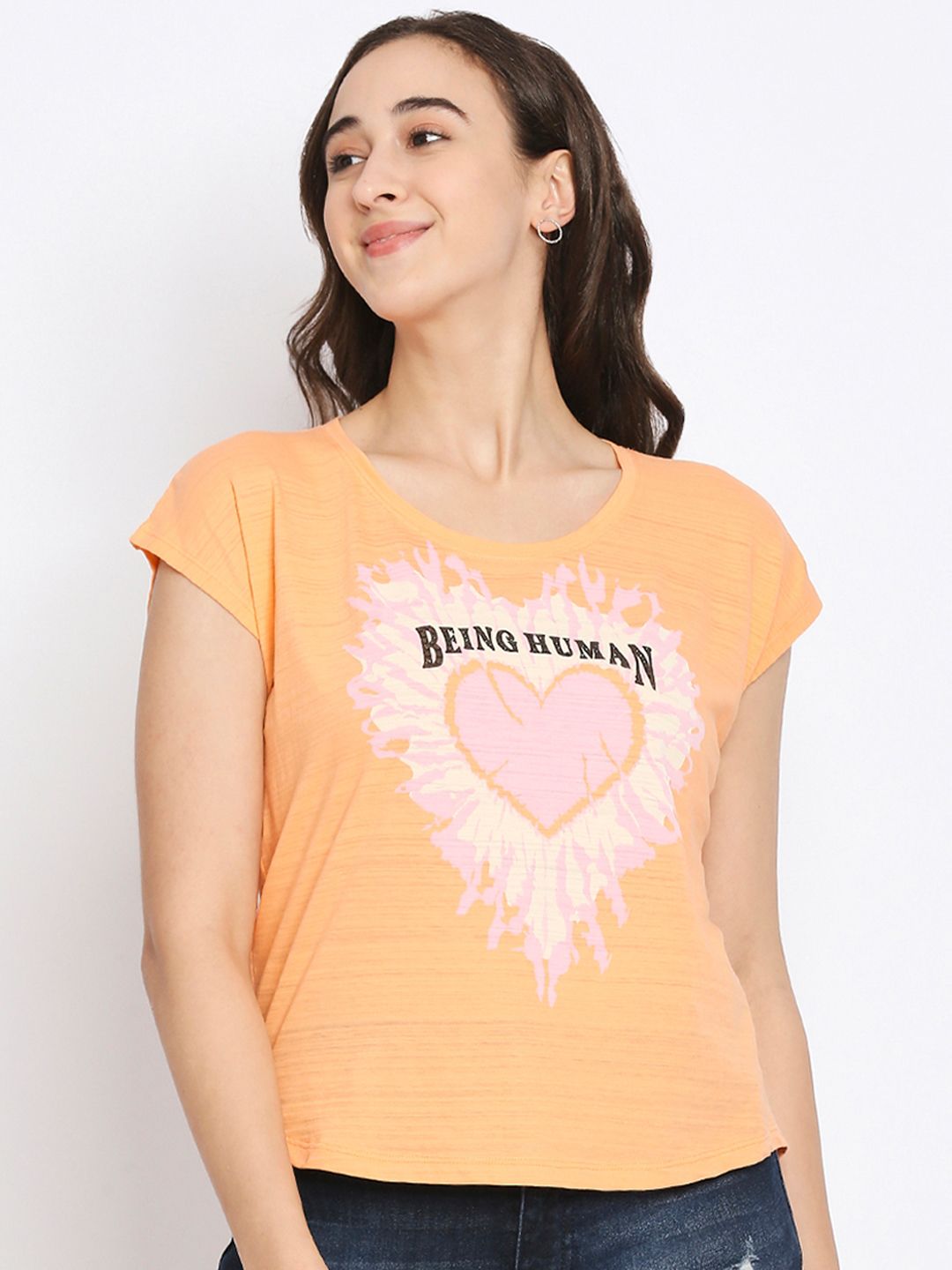 Being Human Women Orange Printed Extended Sleeves Cotton T-shirt