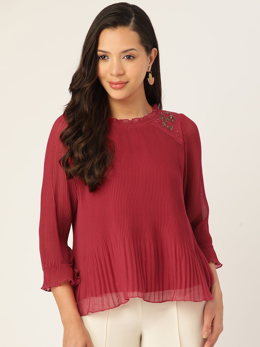 Antheaa Embellished Pleated Chiffon A-Line Top