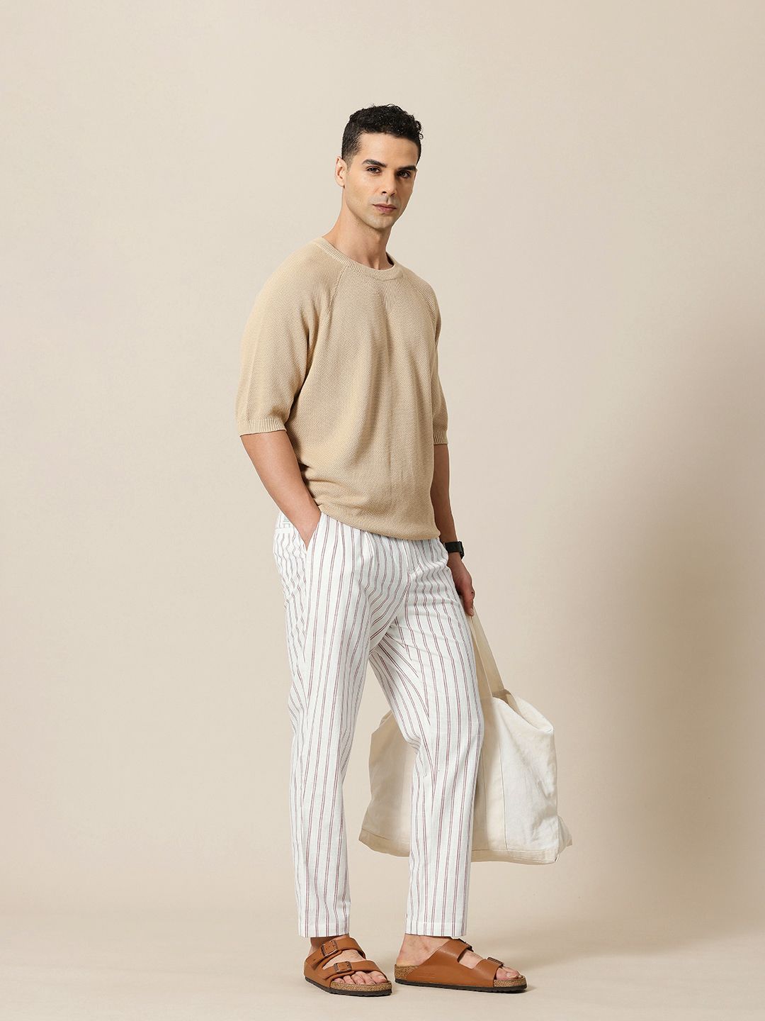 Mr Bowerbird Men Liberal Fit Striped Cotton Linen Pleated Trousers